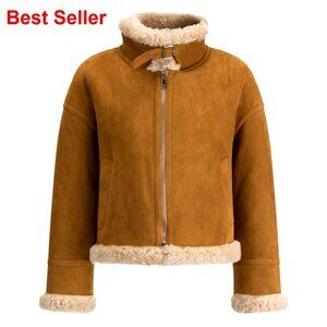 Wool Shearling Bomber Faux Leather Jacket Warm Winter Coat